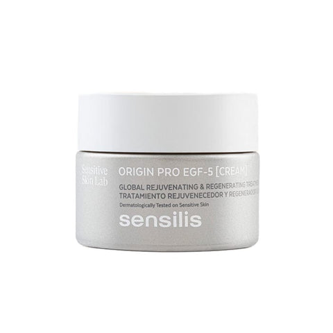Sensilis Origin Pro EGF 5 Cream in 50ml jar, a skincare product by Jag Couture London New York, displayed in a close-up image.