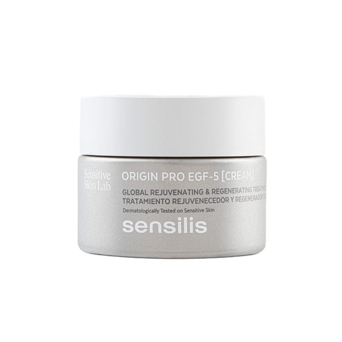 Sensilis Origin Pro EGF 5 Cream in 50ml jar, skincare product with anti-aging and skin rejuvenation properties.