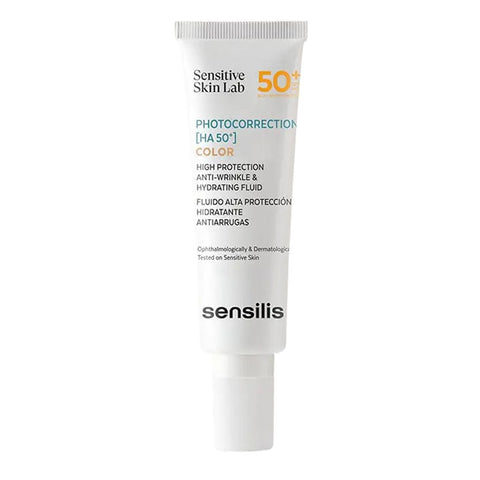 Sensilis Photocorrection HA SPF50+ color moisturizer in 50ml jar, with a sleek design and product label visible.