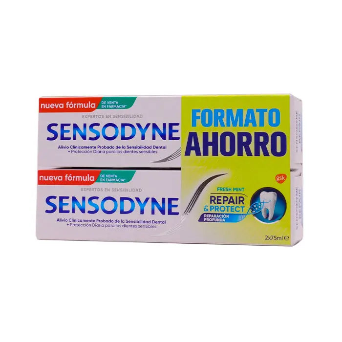 Sensodyne Repair & Protect Fresh Mint toothpaste in two 75ml tubes, featuring deep repair formula for sensitive teeth