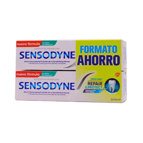 Sensodyne Repair & Protect Fresh Mint toothpaste in two 75ml tubes, featuring deep repair formula for sensitive teeth