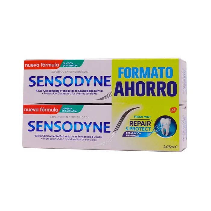 Two tubes of Sensodyne Repair & Protect Fresh Mint toothpaste by Jag Couture London, showing the product packaging.