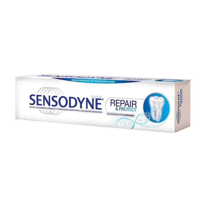 Jag Couture London New York Sensodyne Repair & Protect toothpaste 75ml tube, close-up of the toothpaste packaging.