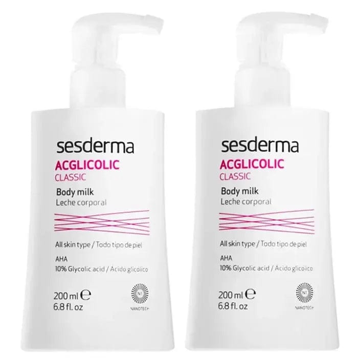 Sesderma Acglicolic Classic Body Milk in two 200ml bottles, smooth moisturizer with exfoliating ingredients.