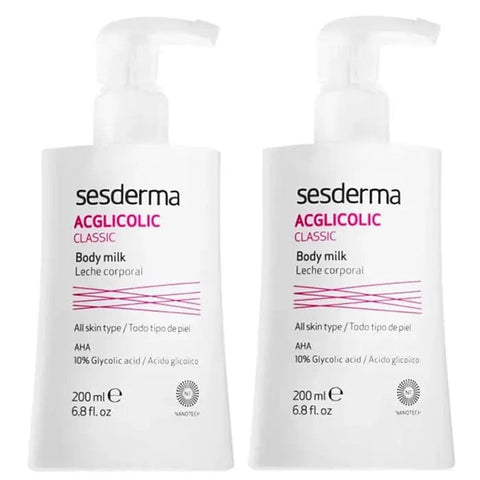 Sesderma Acglicolic Classic Body Milk in two 200ml bottles, smooth moisturizer with exfoliating ingredients.