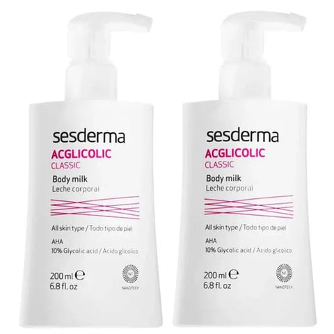 Sesderma Acglicolic Classic Body Milk in two 200ml bottles, featuring smooth, nourishing lotion from Jag Couture London New York.