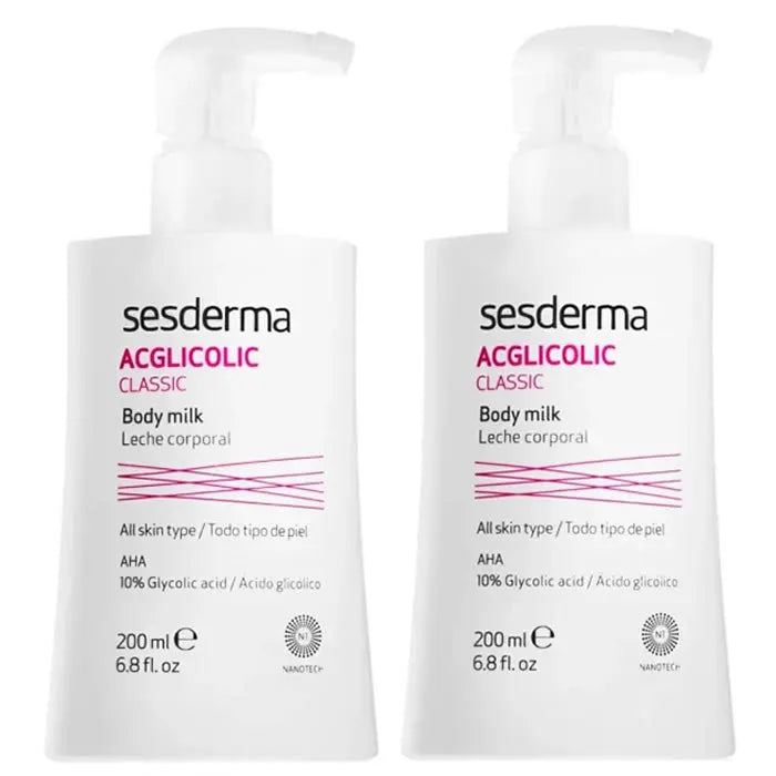 Sesderma Acglicolic Classic Body Milk in two 200ml bottles, featuring a smooth, hydrating lotion for skin nourishment.