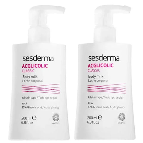 Sesderma Acglicolic Classic Body Milk in two 200ml bottles, featuring a smooth, hydrating lotion for skin nourishment.