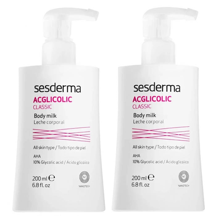 Sesderma Acglicolic Classic Body Milk in two 200ml bottles, featuring moisturizing and exfoliating skincare by Jag Couture London New York.