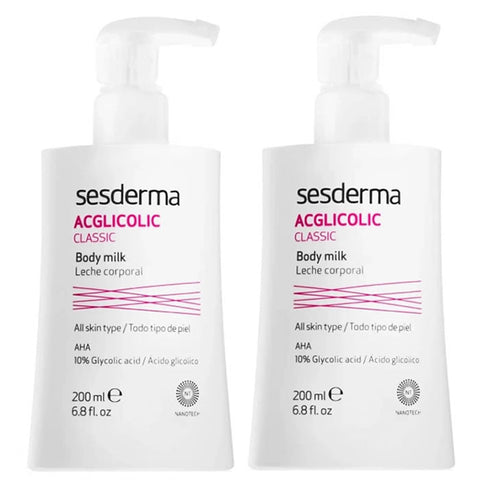 Sesderma Acglicolic Classic Body Milk in two 200ml bottles, featuring moisturizing and exfoliating skincare by Jag Couture London New York.