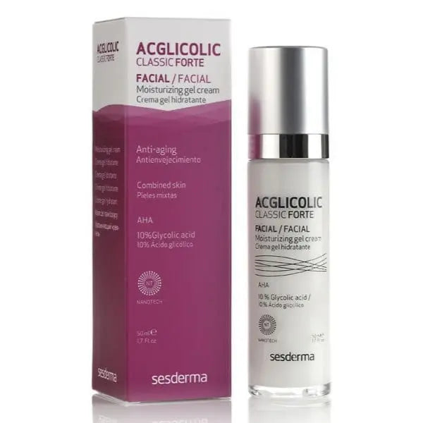 Sesderma Acglicolic Classic Forte moisturizing gel cream in a 50ml jar, displayed with a sleek design and label.
