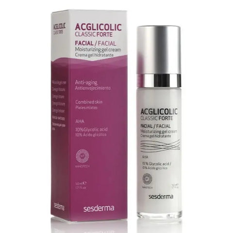Sesderma Acglicolic Classic Forte moisturizing gel cream 50ml, with smooth, lightweight texture and clear packaging.