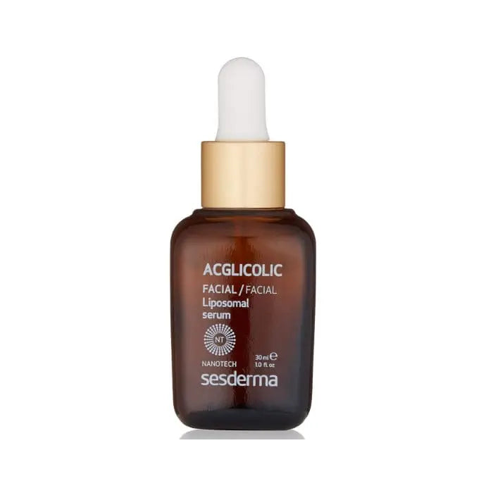 Sesderma Acglicolic Liposomal Serum 30ml in a clear glass bottle with a pump dispenser, placed on a white background.