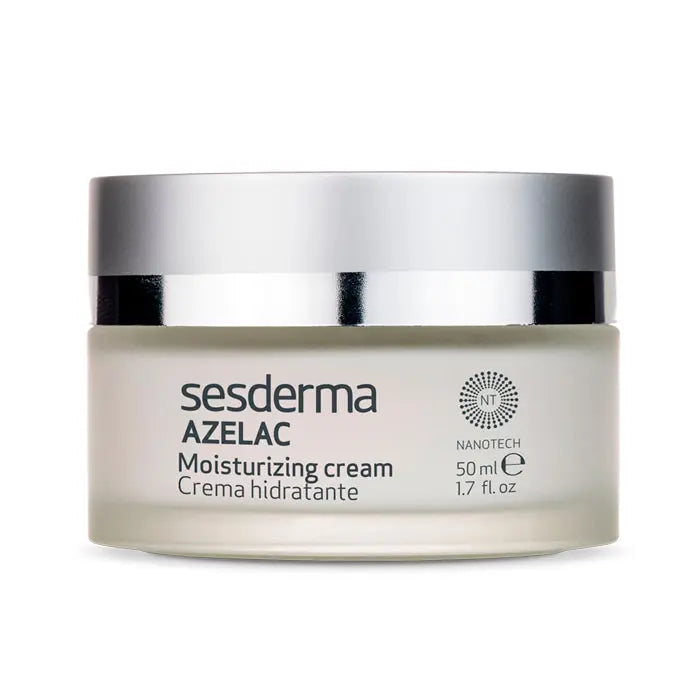 Sesderma Azelac Moisturizing Cream 50ml jar with creamy texture, displayed on a neutral background, highlighting skincare product.
