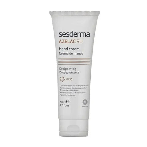Sesderma Azelac Ru Hand Cream Depigmenting with SPF30, 50ml, showing the tube of hand cream with packaging and product label.