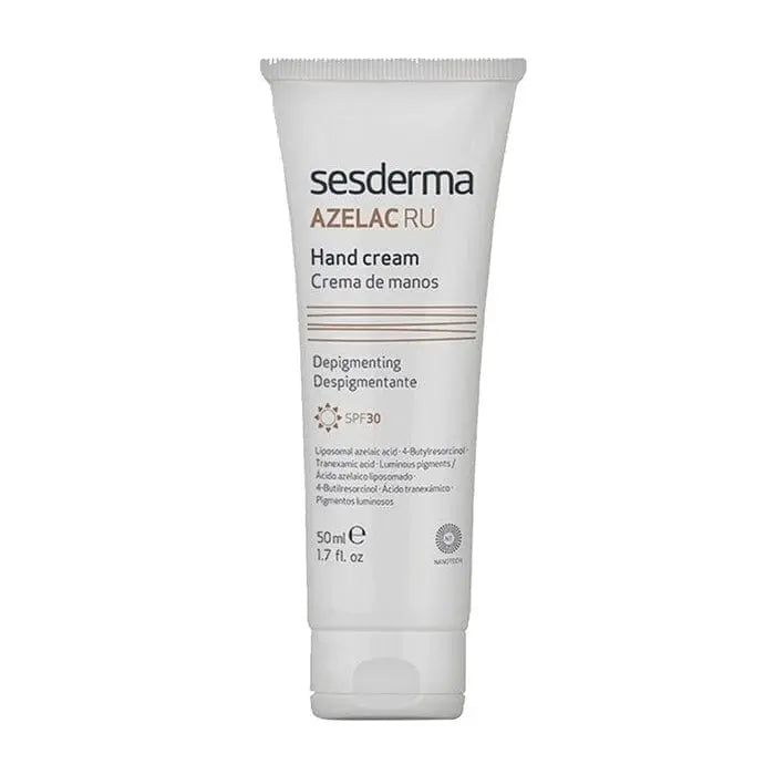 Sesderma Azelac Ru Hand Cream with SPF30, depigmenting treatment in a 50ml tube, displayed with a clean, elegant background.