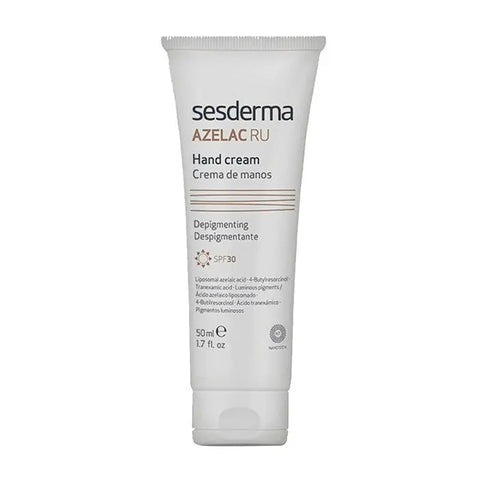 Sesderma Azelac Ru hand cream with depigmenting and SPF 30, 50ml, shown in a tube with a white and blue label.