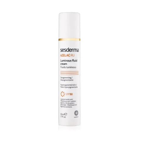 Sesderma Azelac Ru luminous fluid cream with SPF50, depigmenting treatment in 50ml jar, shown in a sleek skincare container.