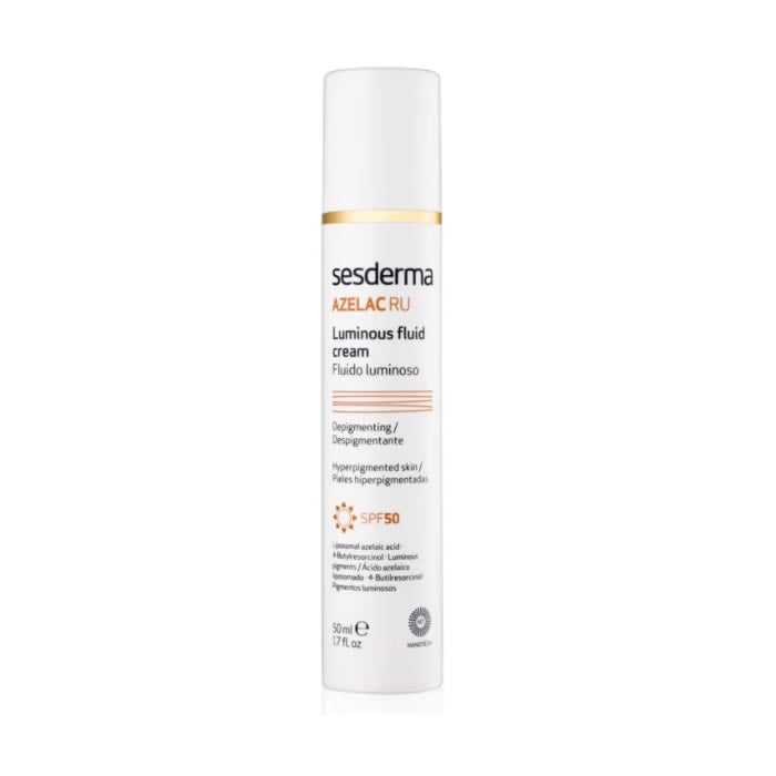 Sesderma Azelac Ru luminous depigmenting cream with SPF50 in 50ml jar, shown with its packaging and product details.