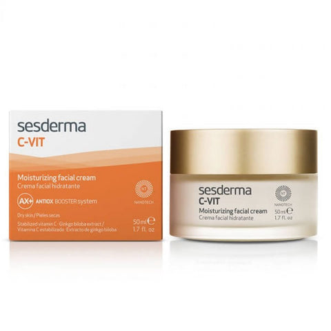Sesderma C Vit Moisturizing Facial Cream with Vitamin C in a 50ml jar, shown with the product label and packaging details.