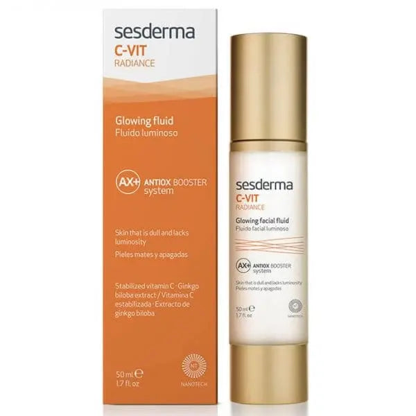 Sesderma C Vit Radiance Glowing Fluid antioxidant booster serum in a 50ml bottle, displayed with a sleek, modern design.