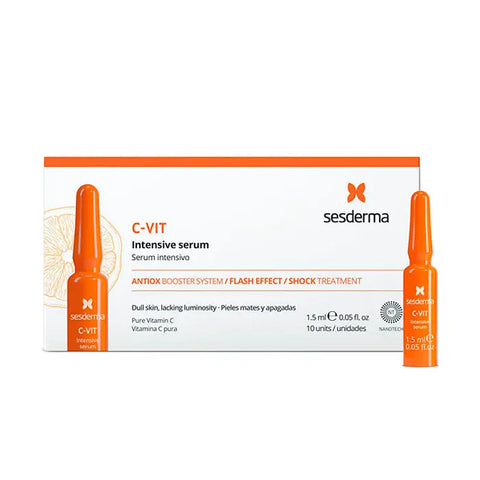 Sesderma C-Vit Serum Intensive 10 ampoules by Jag Couture London New York, featuring brightening vitamin C serum in small glass ampoules.