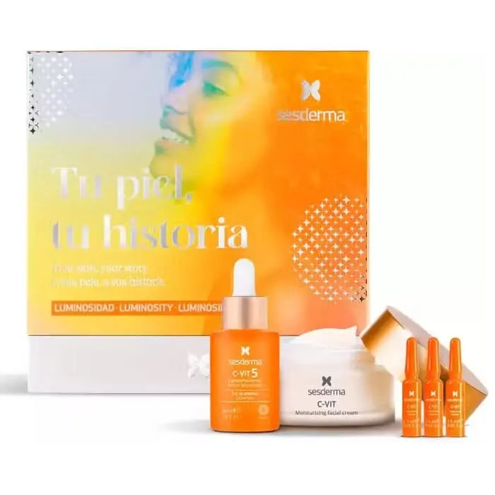 Sesderma C-Vit skincare set with five products from Jag Couture London New York, featuring vibrant orange packaging and skincare bottles.
