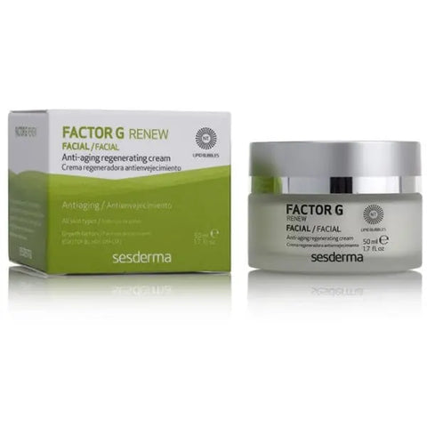 Sesderma Factor G Renew anti-aging regenerating cream in 50ml jar, with smooth cream texture and elegant packaging.