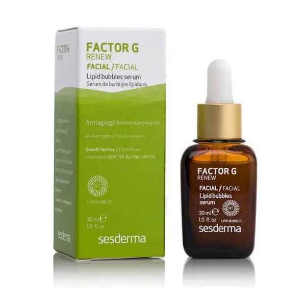 Sesderma Factor G Renew facial lipid bubbles serum in a 30ml bottle, displayed with a sleek pump and elegant packaging.