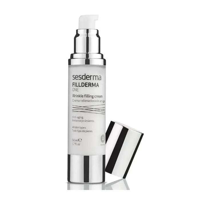 Sesderma Fillderma One Wrinkle Filling Cream in 50ml jar, shown with smooth skin and skincare application details.