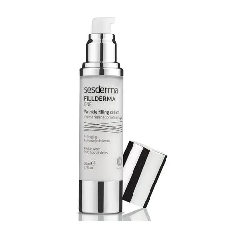 Sesderma Fillderma One wrinkle filling cream jar with white and gold packaging, 50ml size, displayed on a neutral background.