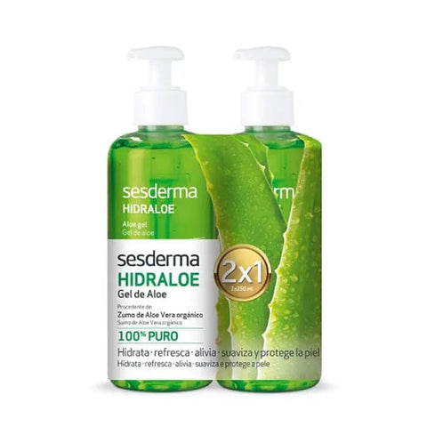 Sesderma Hidraloe Aloe Gel 2x250ml bottles with clear labels, showing soothing aloe vera gel in transparent containers.