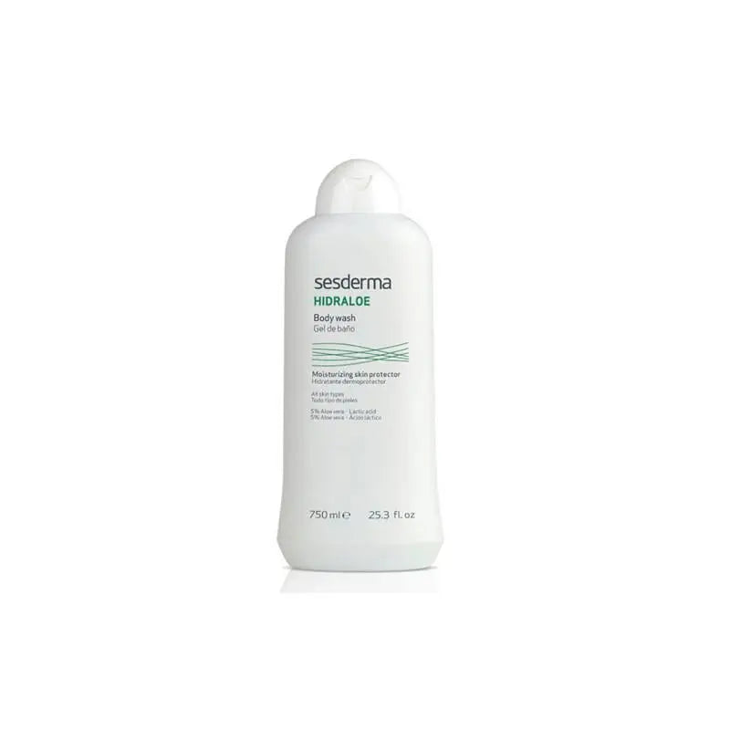Sesderma Hidraloe Bath Gel 750ml, soothing aloe-infused body wash in a clear bottle with blue and white label.
