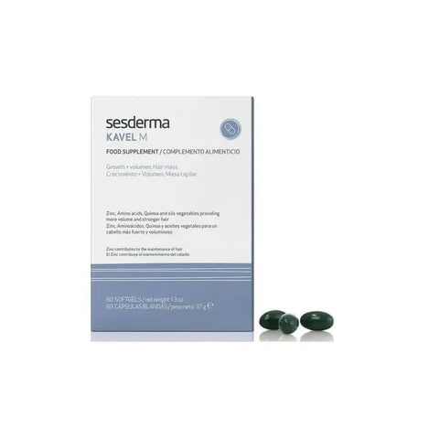 Sesderma Kavel M Hair Mass Food Supplement softgels by Jag Couture London, showing a bottle of 60 softgels for hair health.