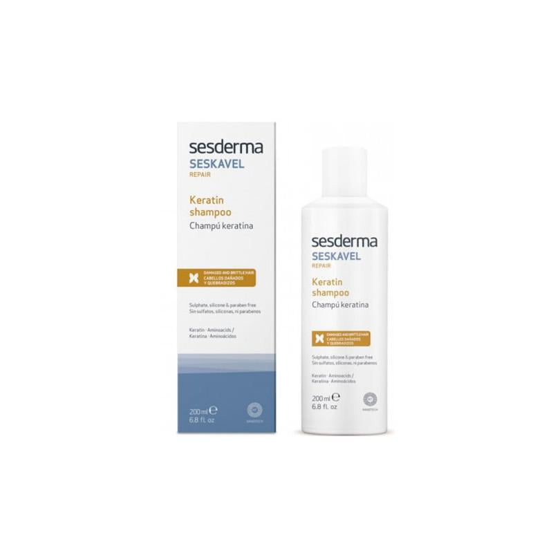 Jag Couture London New York Sesderma Keratin Shampoo bottle with label and pump dispenser, designed for nourishing hair care.