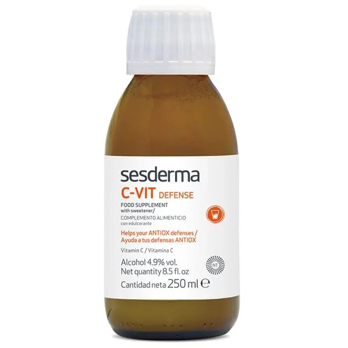 Sesderma Lactyferrin C-Vit Defense 250ml bottle, a dietary supplement with lavender and vitamin C, on a white background.