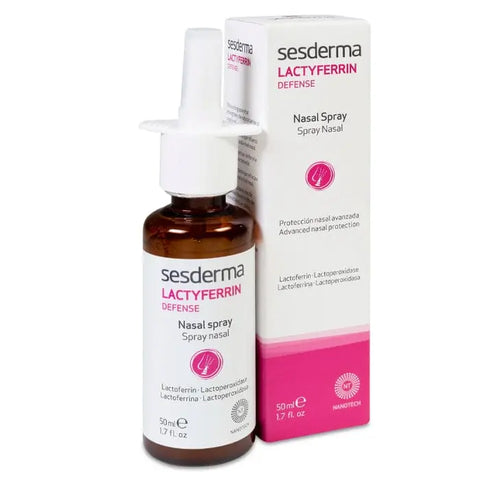 Sesderma Lactyferrine Defense Spray Nasal in 50ml bottle, featuring a nasal spray with protective ingredients and a sleek packaging design.