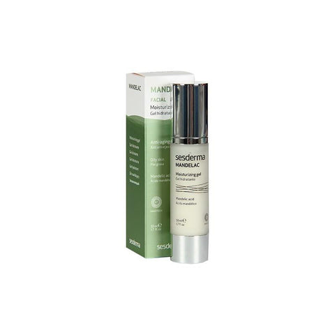 Sesderma Mandelac Gel Hidratante in 50ml jar, featuring a clear gel texture, designed for skin hydration and gentle care.