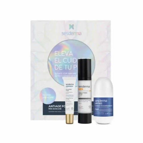 Sesderma Men anti-aging skincare set with three products, displayed in sleek packaging, by Jag Couture London New York.