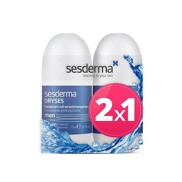 Sesderma Dryses men's deodorant and antiperspirant roll-on pack with two 75ml bottles, designed for effective odor and sweat control.