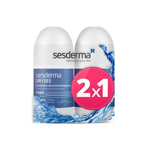 Sesderma Dryses men's deodorant and antiperspirant roll-on pack with two 75ml bottles, designed for effective odor and sweat control.
