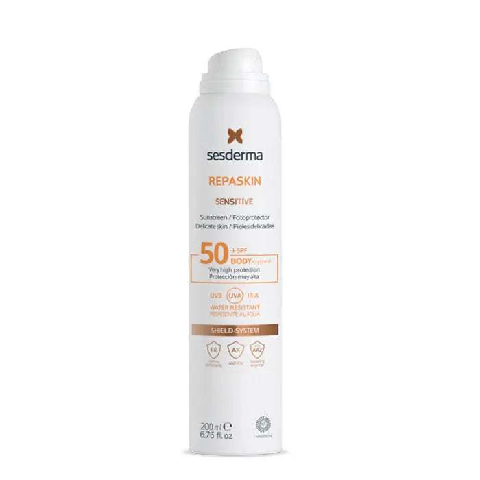 Sesderma Repaskin Sensitive Photoprotector Spray SPF50+ in 200ml bottle, suitable for sensitive skin, by Jag Couture London New York.