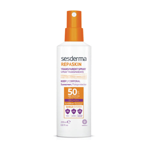 Sesderma Repaskin Transparent Spray SPF50 200ml, clear facial sunscreen in a spray bottle with a white cap.