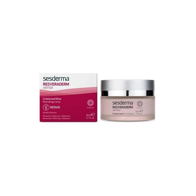 Sesderma Resveraderm Antioxidant Facial Cream in a 50ml jar, featuring a cream texture with a luxurious skincare design.