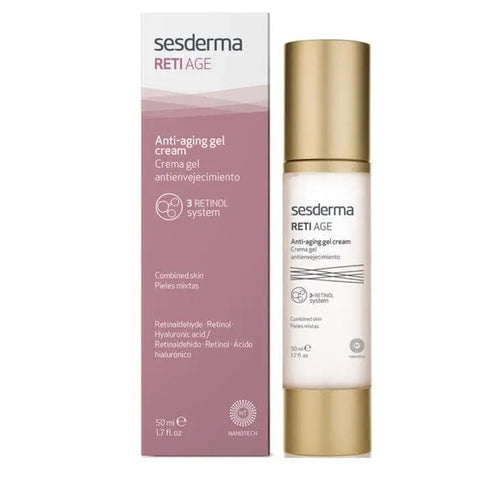 Sesderma Reti Age Anti-Aging Gel Cream in 50ml jar, shown with smooth, youthful skin, natural light highlighting the product's packaging