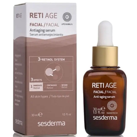 Sesderma Reti Age facial anti-aging serum 30ml bottle with dropper, shown on a white background, by Jag Couture London New York.