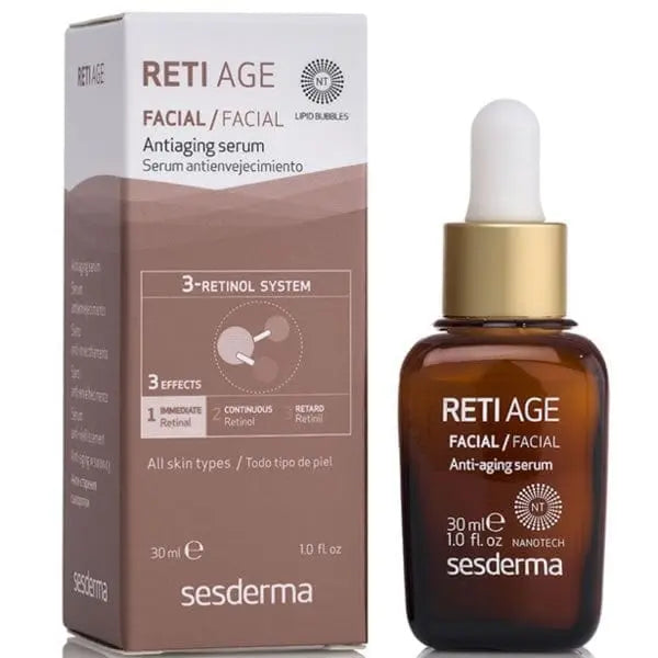 Sesderma Reti Age facial anti-aging serum in 30ml bottle, featuring sleek packaging, designed for youthful skin.