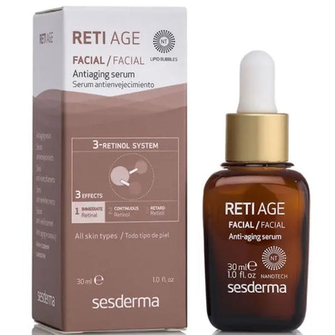 Sesderma Reti Age facial anti-aging serum in a 30ml bottle, displayed with sleek packaging and dropper applicator.