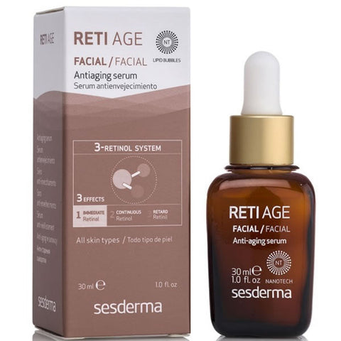 Sesderma Reti Age facial anti-aging serum in 30ml bottle, with sleek packaging and dropper applicator.