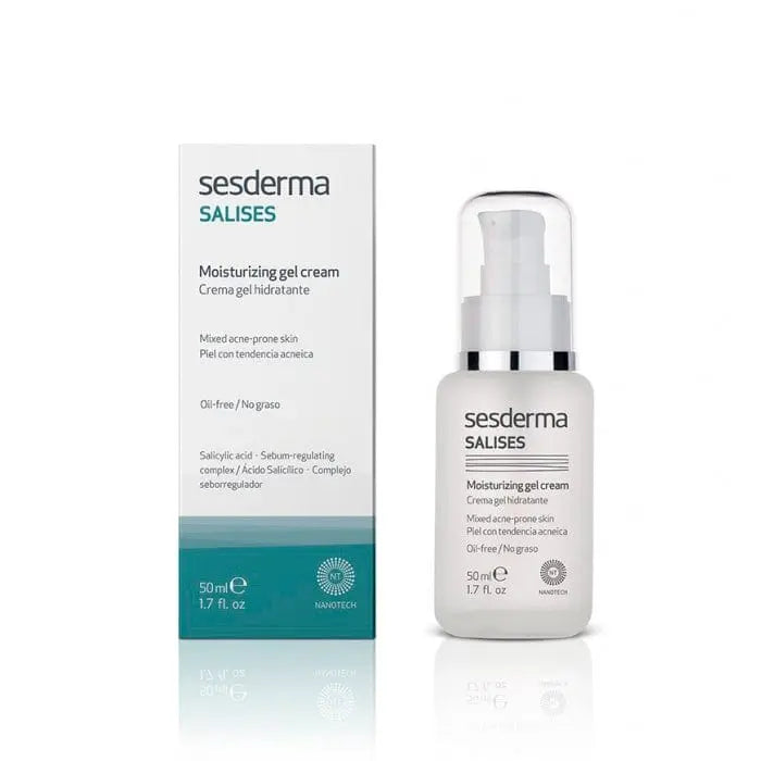 Sesderma Salises moisturizing gel cream in a 50ml jar, shown with its sleek packaging, designed for hydrating and soothing skin.